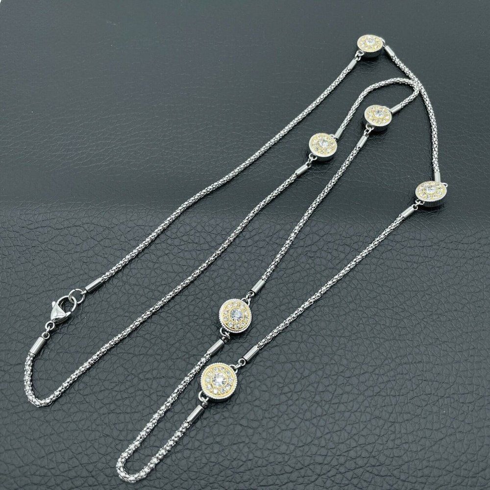 Emma Skye Crystal Station 2 Tone Necklace 38" Silver Gold Tone Stainless Steel - Picture 3 of 7